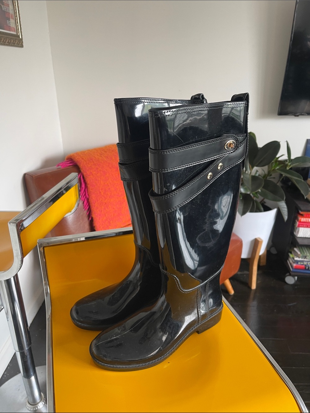 Coach Black Patent Rain Boots with Strap Detail